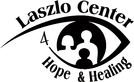 a logo of laszlo center 4 hope & healing with the outline of an eye and three people inside of the iris with the name of the company around the eye