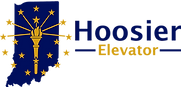 Hoosier Elevator logo overlaid on the Indiana state flag background