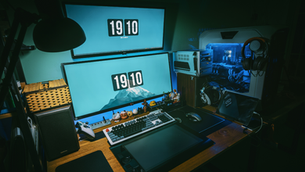 Setup de computadora con pantalla y dispositivos electrónicos