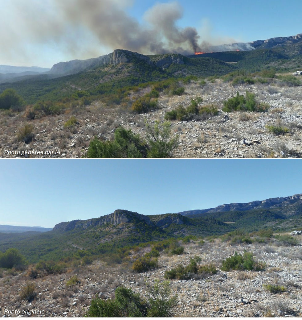Exemple de manipulation d'image avec l'intelligence artificielle. Voici un paysage du massif du Luberon dans le Vaucluse, en proie aux flammes de manière fictive.