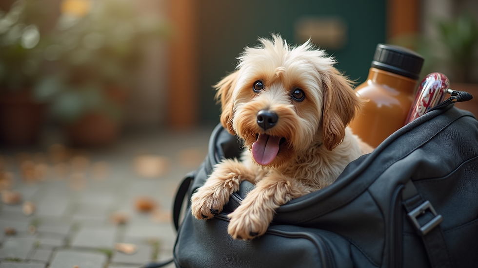 Close-up view of a travel bag filled with pet essentials