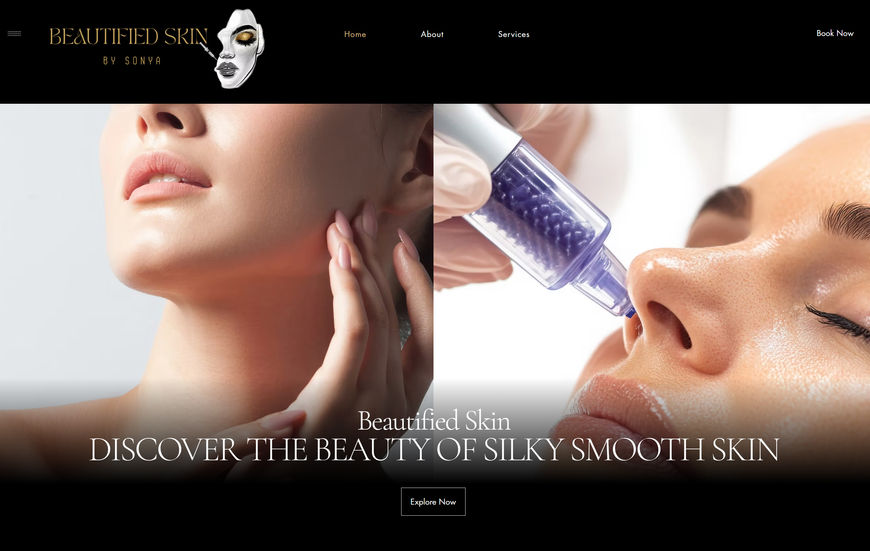 Split image: skincare treatment and woman's face.