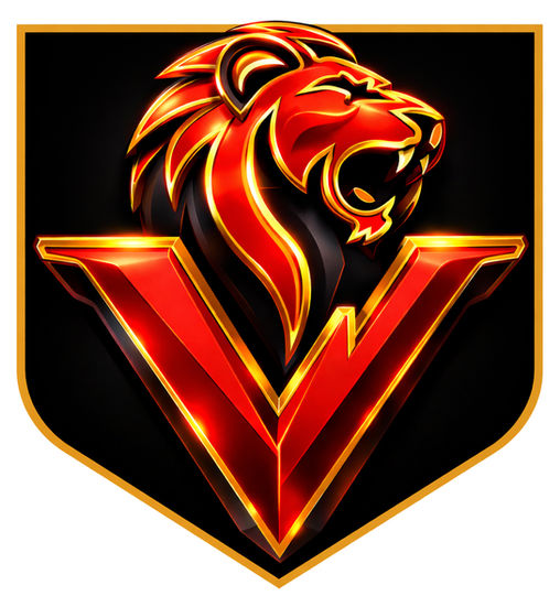 Red lion and letter "V" emblem design.