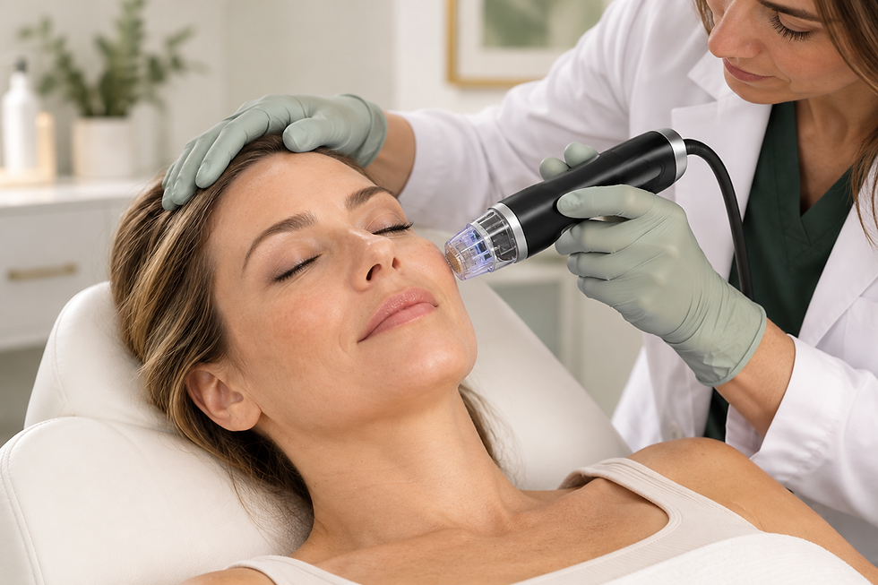 Woman comfortably receiving RF microneedling treatment in a clinical setting