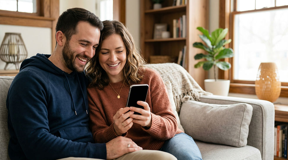 Foto de una pareja sentada en el sillón, sonriendo, y mirando el celular. Está situado junto con el Formulario y el título que refuerza es "Hablemos de tu cobertura ideal"