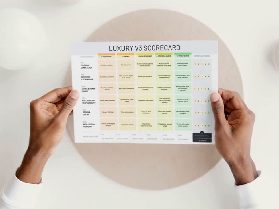 Hands hold a "Luxury V3 Scorecard" with colored columns and text on a neutral background. The scorecard is detailed with ratings.