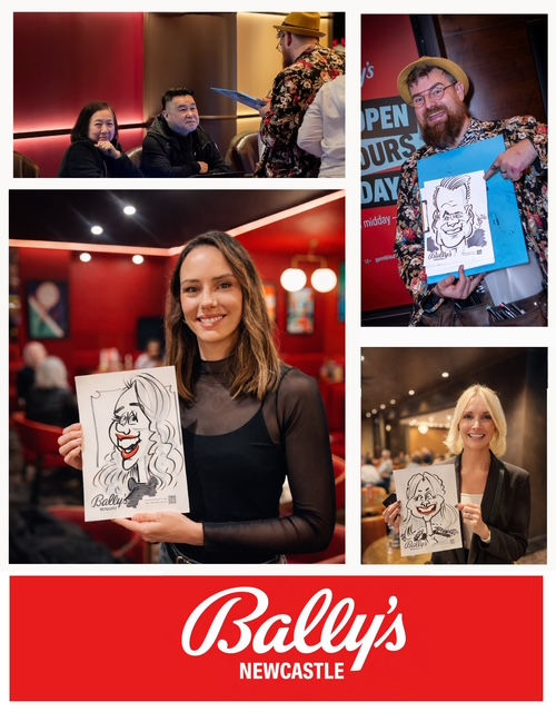 People holding caricatures in a lively, red-toned venue. Text reads "Bally’s Newcastle." Emotions are joyful and relaxed.