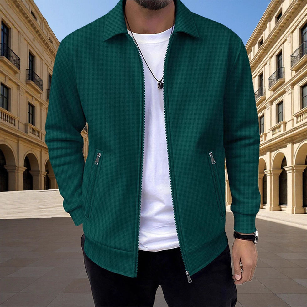 Thumbnail: Men's Slim-fit Cardigan Solid-color Lapel Waffle Texture Zipper Pocket Casual Sp