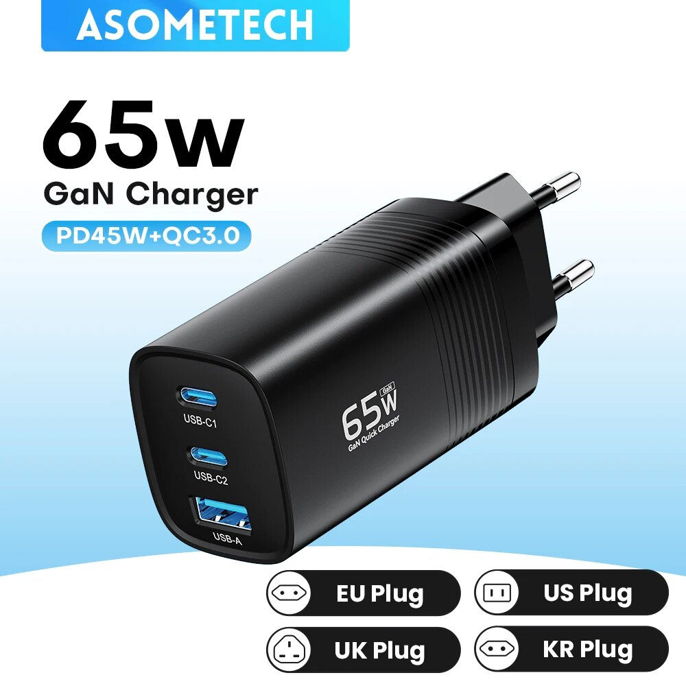 ASOMETECH GaN USB Type C Charger 65W 45W PPS PD QC4.0 Quick Charger For Macbook 
