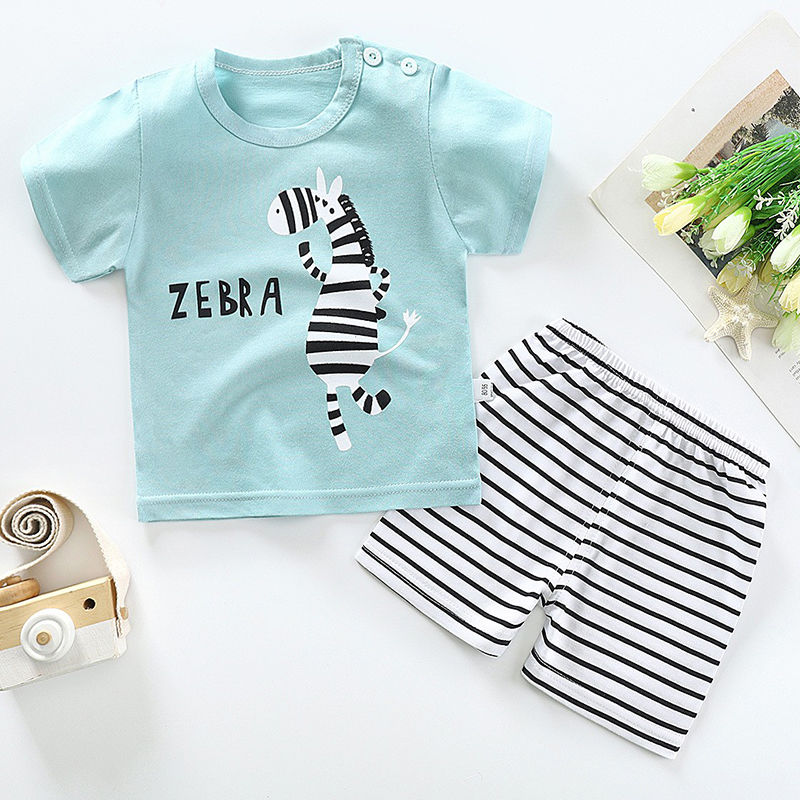 Thumbnail: Kid Boy Summer Short Sleeves Tees+Stripe Shorts 2-piece Clothes Set Cartoon Zebr