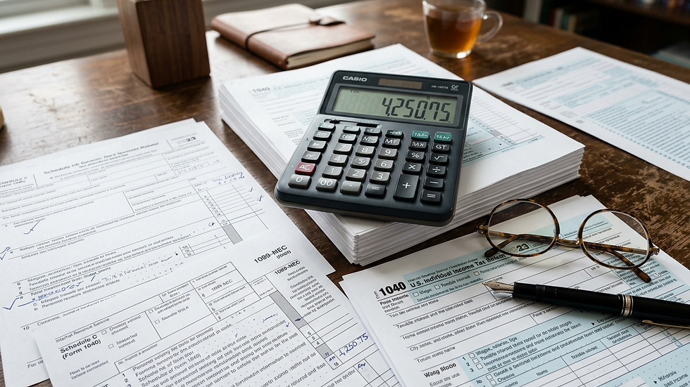 Close-up of a calculator and tax documents on a desk