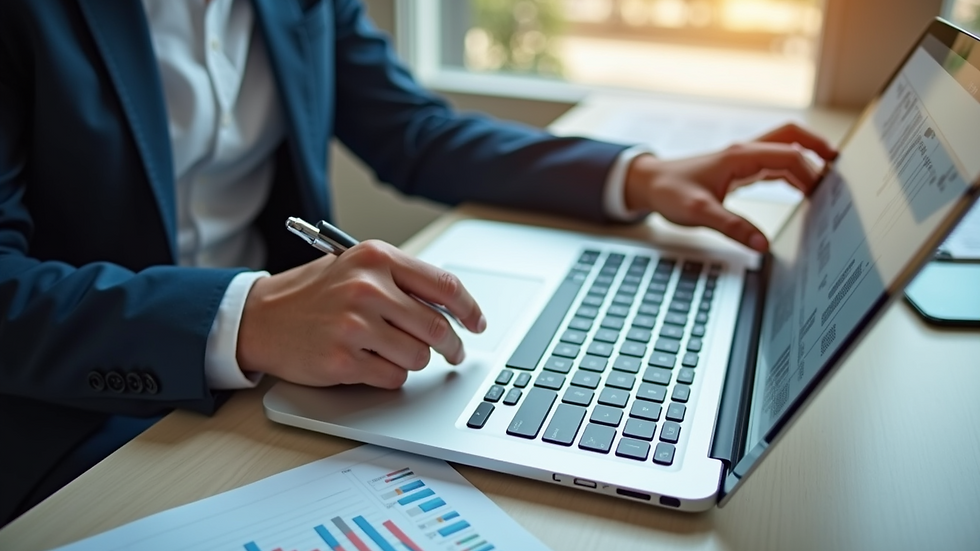 High angle view of a small business owner reviewing financial reports with a laptop