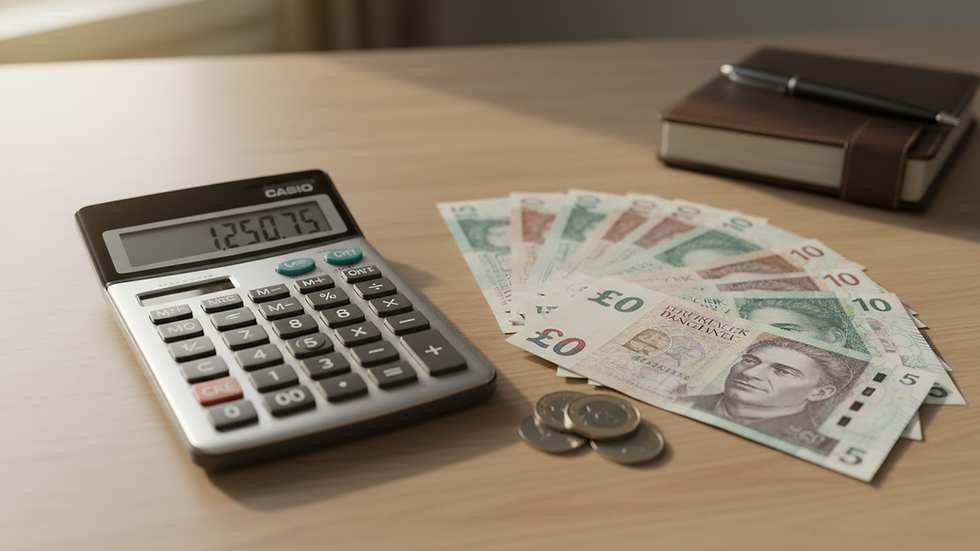 Eye-level view of a calculator and UK pound notes on a wooden desk