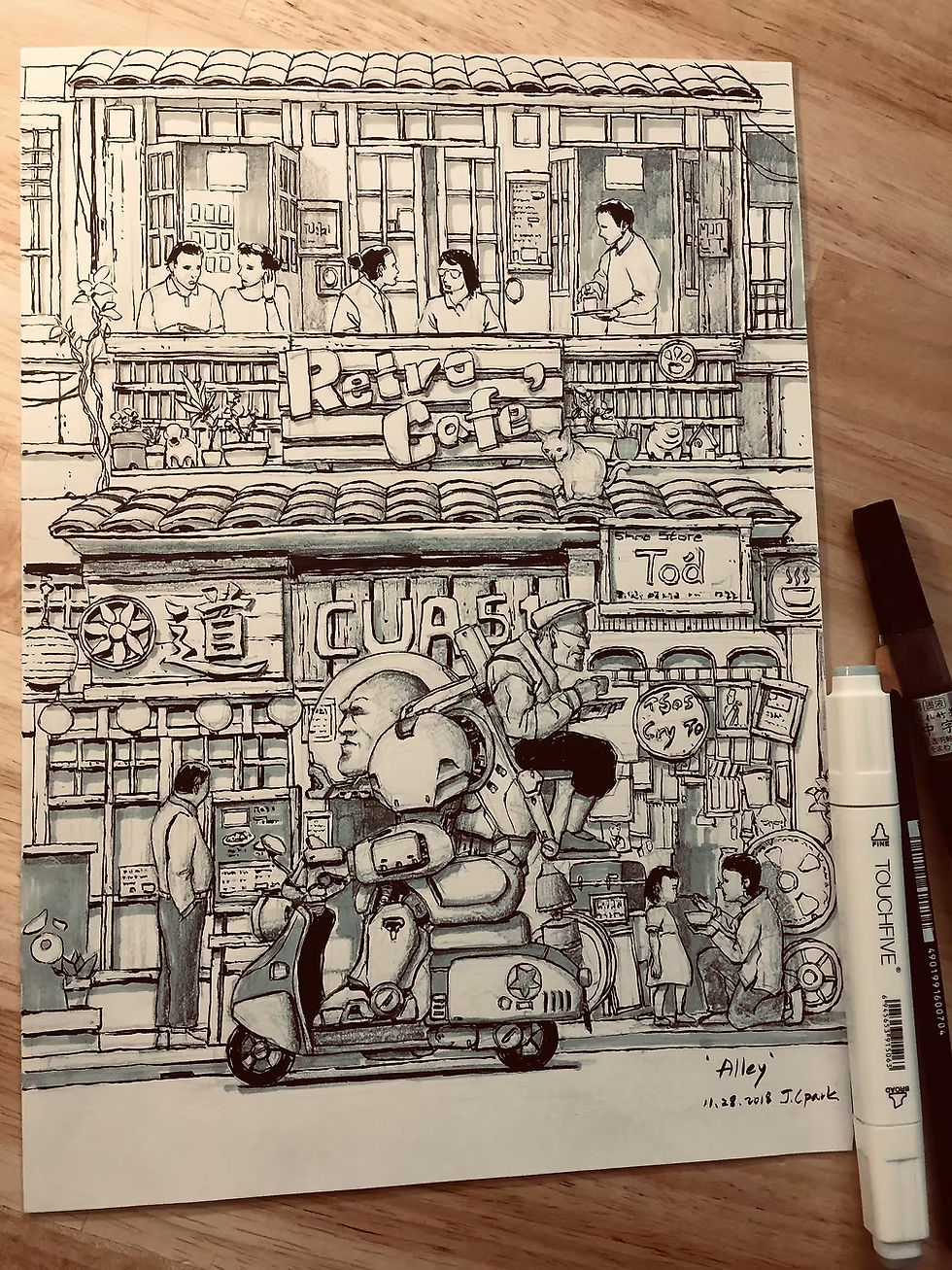 섬네일: Framed Pen Drawing, 'Alley'  (Handcrafted Original)-Only one available -