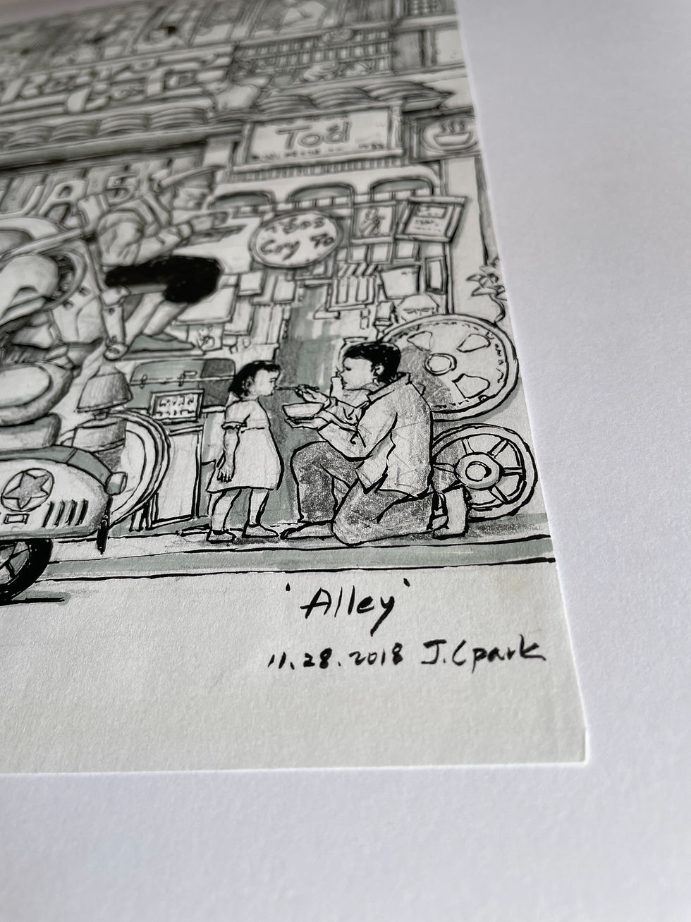 섬네일: Framed Pen Drawing, 'Alley'  (Handcrafted Original)-Only one available -