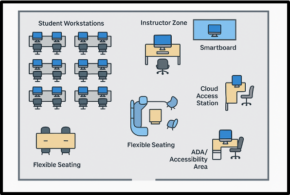 This is a 2-D rendering of the possible computer lab setup. Please note, this is not to scale or exact.