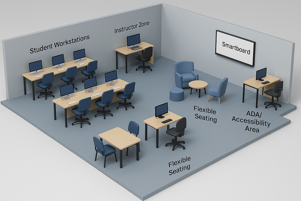 This is a 3-D rendering of the possible computer lab setup. Please note, this is not to scale or exact.