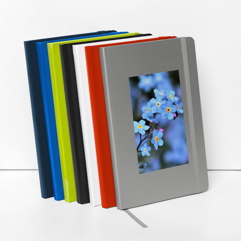 Colorful stack of artistic notebooks, grey one with blue flowers