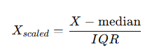 Mathematical formula displaying X_scaled equals X minus median divided by IQR on a white background.