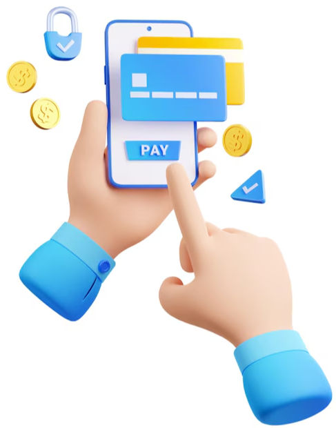 Hands holding a phone with a "PAY" button, credit cards, and coins. Blue hues and icons suggest a secure online payment setting.