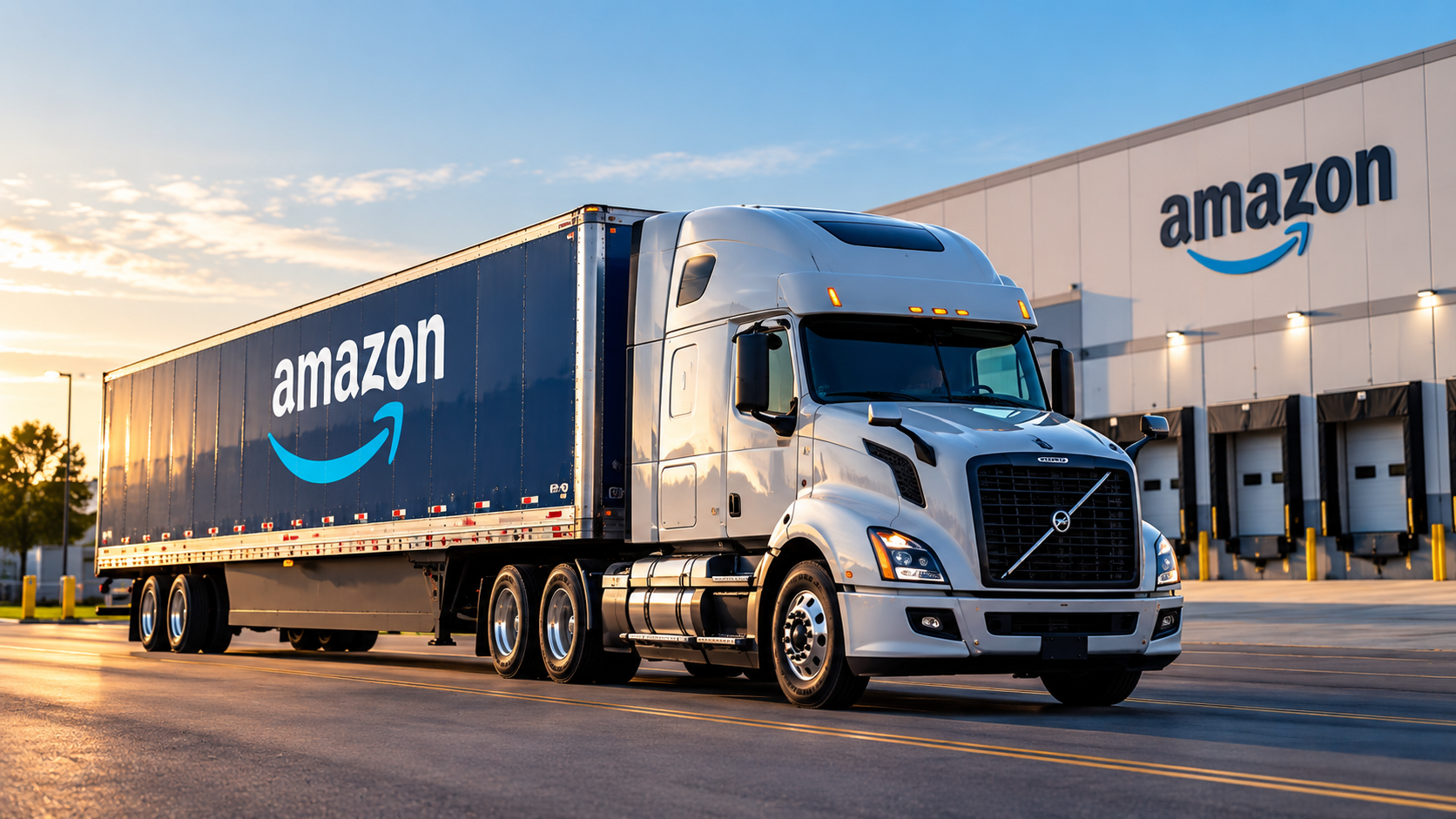 Amazon Relay semi truck with Amazon trailer outside a logistics facility