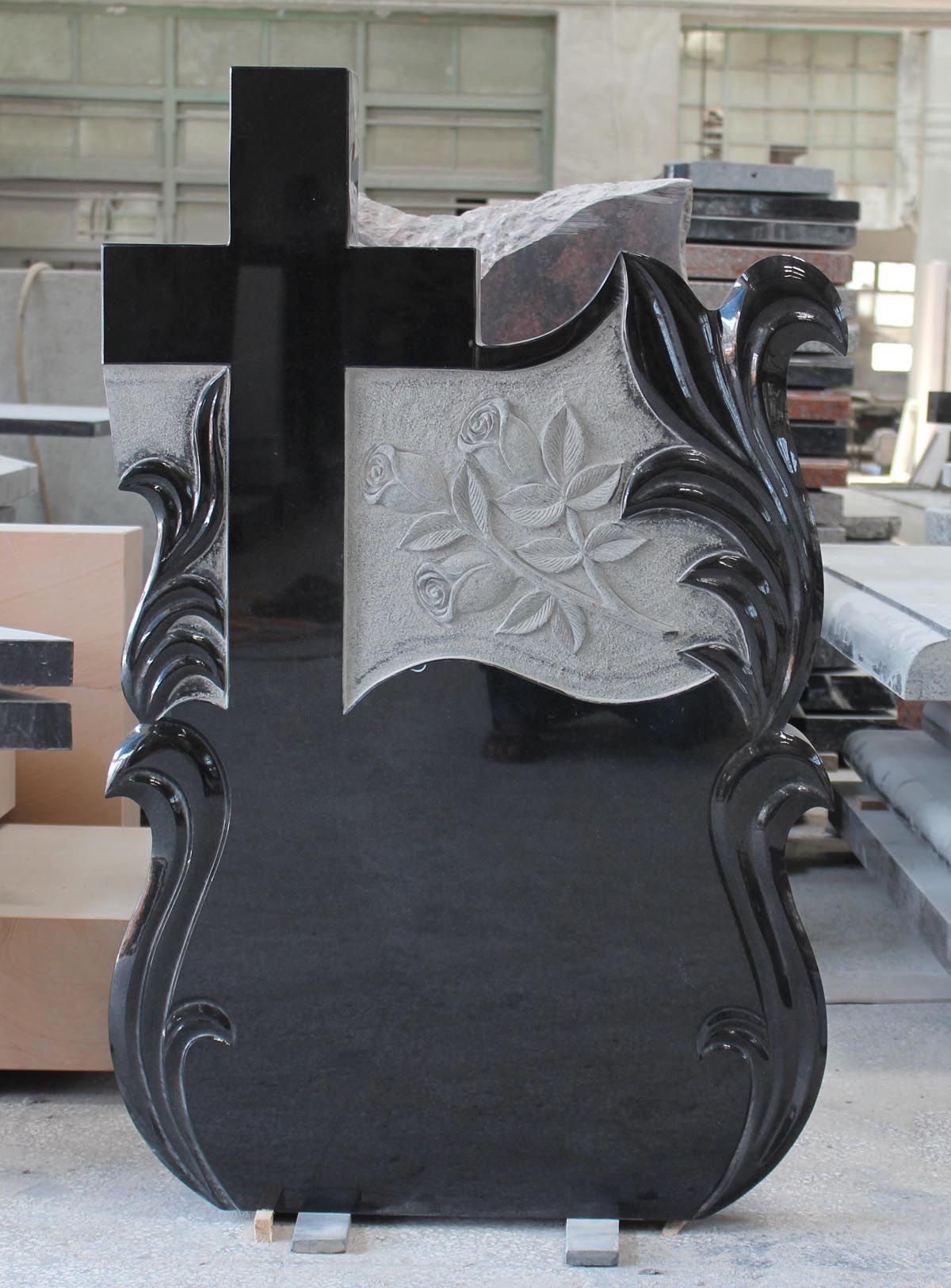 Black Granite Cross Carving Headstone