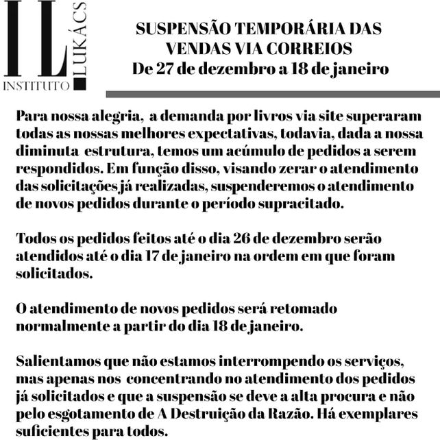 SUSPENSÃO TEMPORÁRIA DAS VENDAS VIA CORREIOS