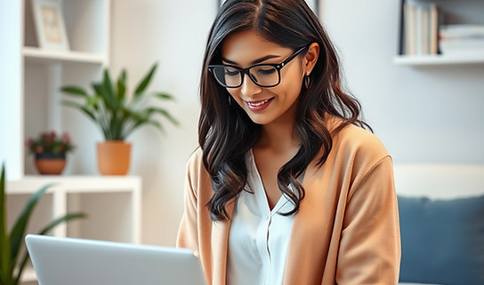 Young South Asian American woman dressed in modern clothing using a laptop in a therapists