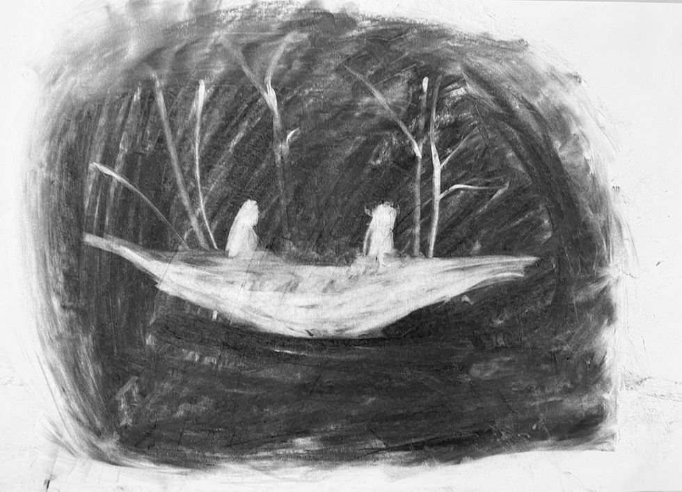 Boat Floating, Charcoal on paper