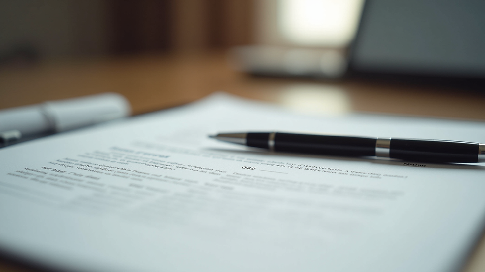 Close-up of legal documents and a pen on a wooden desk