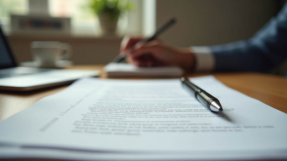 Close-up view of legal documents and a pen on a wooden desk