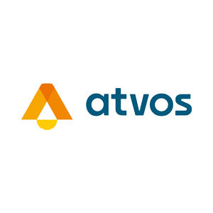 Logotipo atvos: forma geométrica laranja e azul, com a palavra atvos.