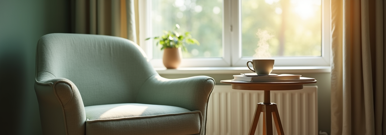Cozy armchair and steaming coffee by sunny window