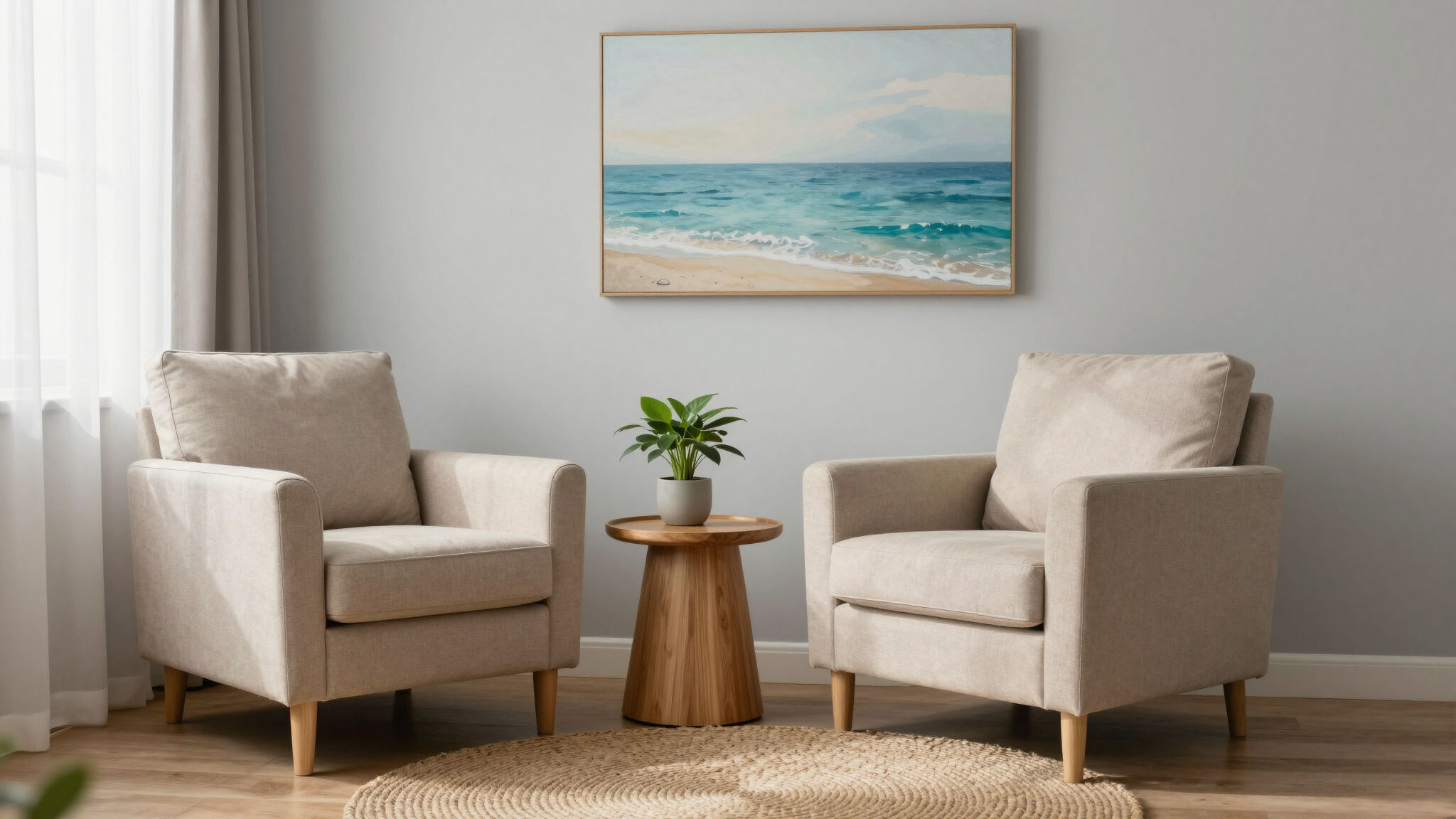 Two armchairs, wooden side table, plant, seascape painting