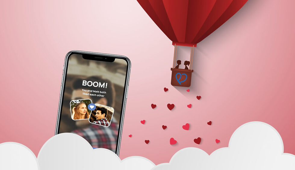 A promotional graphic for The Right Stuff dating app, co-founded by John McEntee, featuring a smartphone displaying a match screen that says “BOOM! You and Matt both liked each other.” To the right, a red hot air balloon with a couple inside floats through a pink sky, leaving a trail of heart icons behind it.