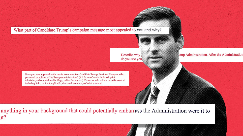 Stylized graphic featuring John McEntee in a suit against a bold red background, overlaid with excerpts from Trump administration vetting questions such as “What part of Candidate Trump’s campaign message most appealed to you and why?” and “Is there anything in your background that could potentially embarrass the Administration?” The image highlights McEntee’s role in overseeing loyalty screening for Donald Trump’s team.