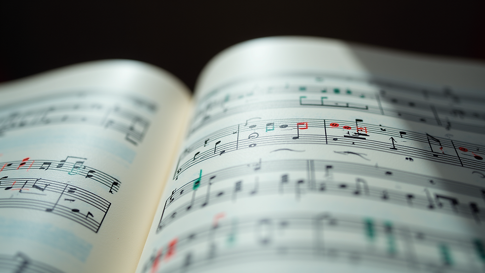 Eye-level view of piano sheet music with coloured markings