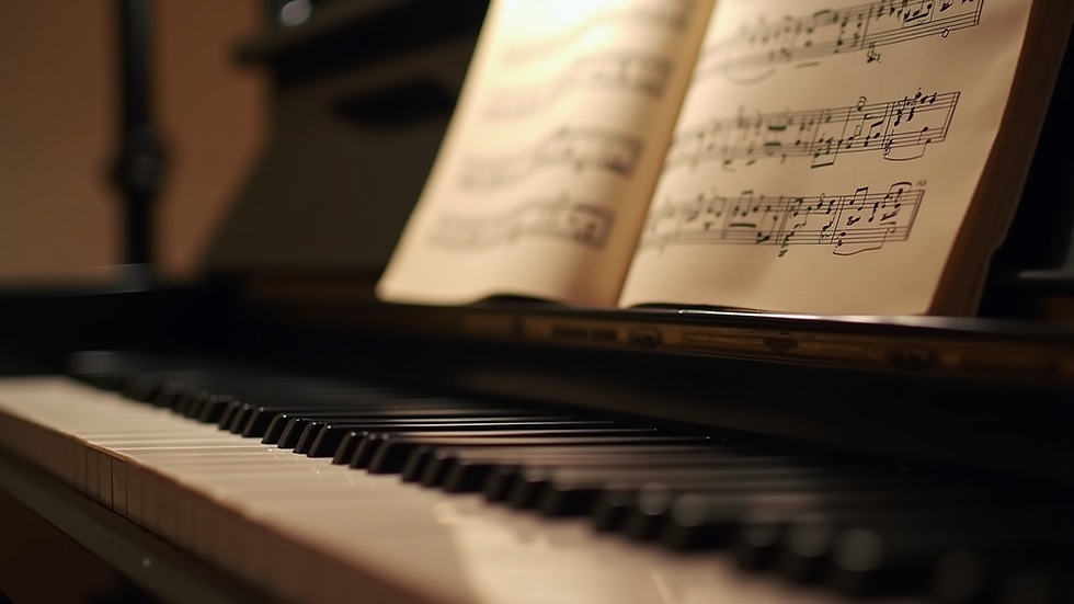 Eye-level view of piano keyboard with sheet music on stand