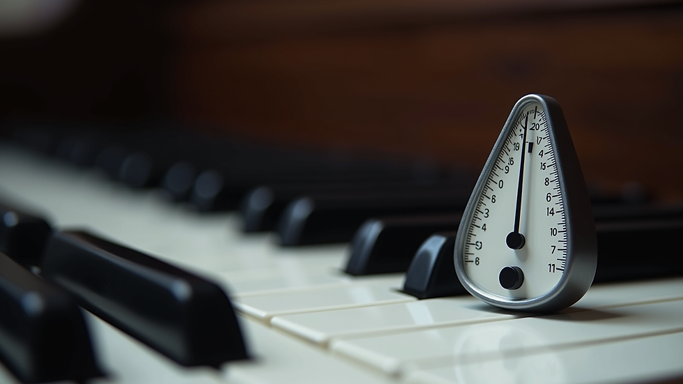 Close-up view of piano keys with a metronome on the side