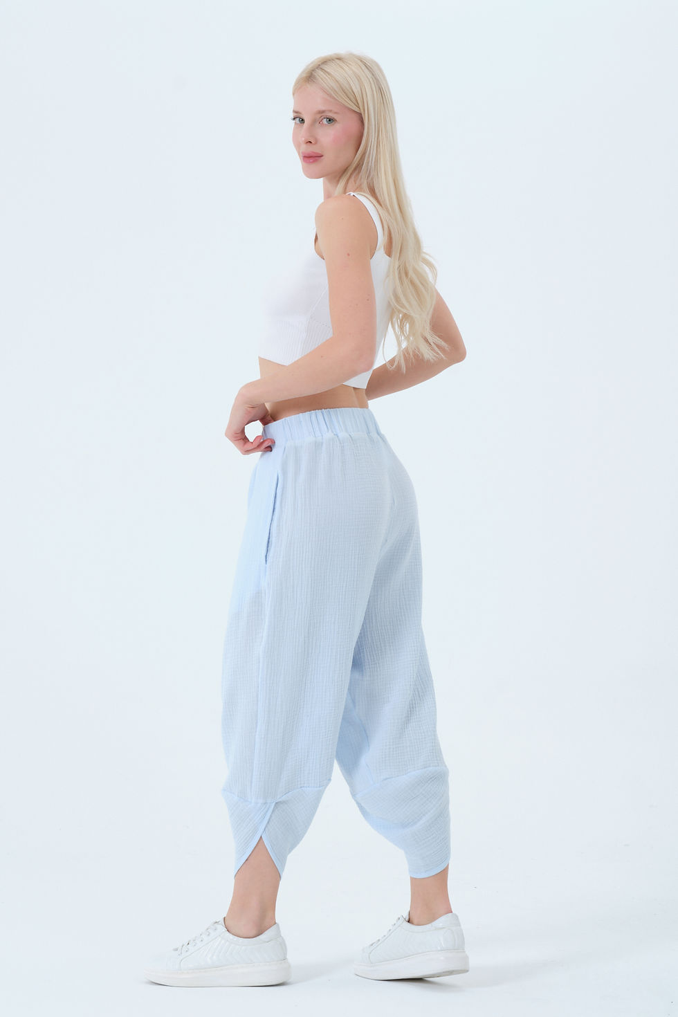 Büyük Beden %100 Pamuk Müslin Yoga Şalvarı Bebe Mavi a45