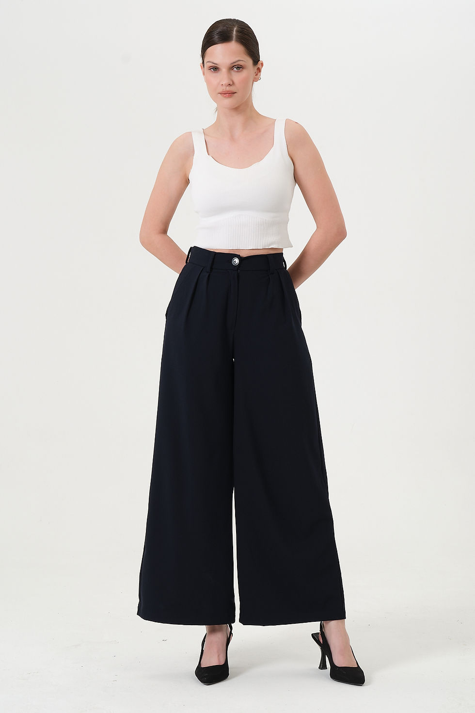 Pileli Yüksek Bel Kadın Lacivert Palazzo Pantolon 2XS-10XL b02