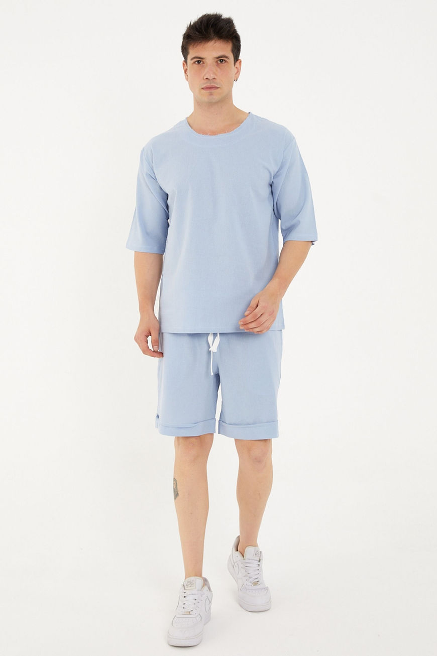 %100 Pamuk Duble Paça Rahat Kalıp Bebe Mavi Unisex Şort