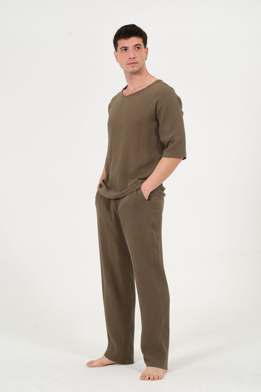 %100 Pamuk Müslin Rahat Kalıp Haki Pijama Takımı Battal Boy