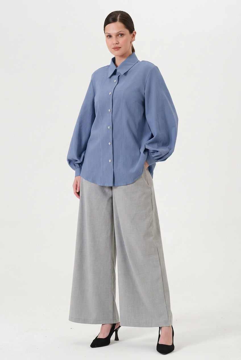 Ofis Şıklığı %100 Pamuk Balon Kol Kadın Gömlek İndigo Mavi