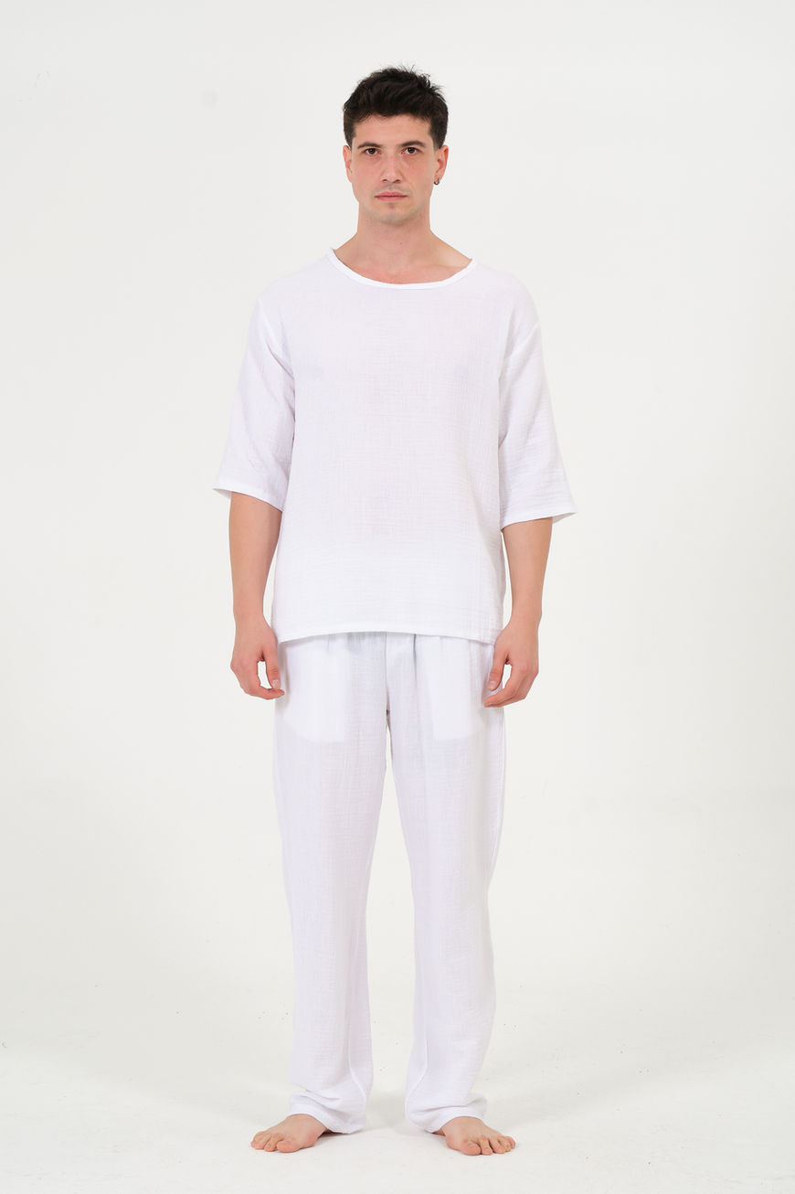 %100 Pamuk Müslin Fakir Kol Oversize Beyaz Tişört Ev Giyim