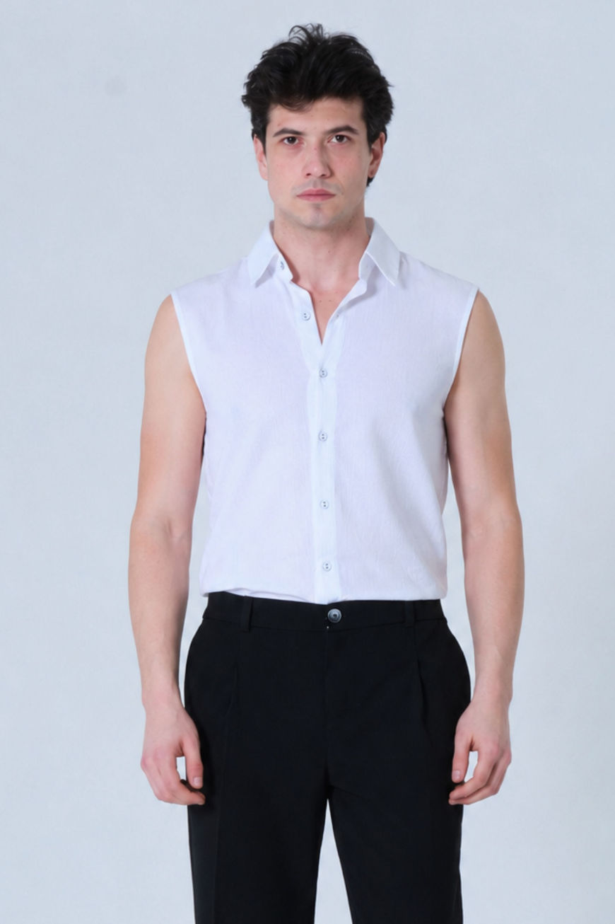 Yazlık Kolsuz Erkek Beyaz Gömlek %100 Pamuk Hafif Kumaş 2XS-10XL g1-k1