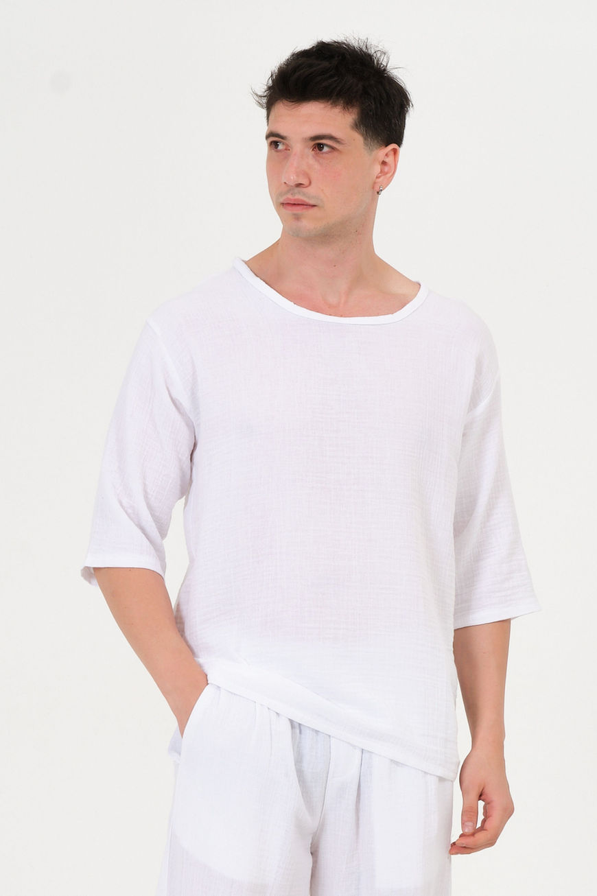 %100 Pamuk Müslin Fakir Kol Oversize Beyaz Tişört Ev Giyim