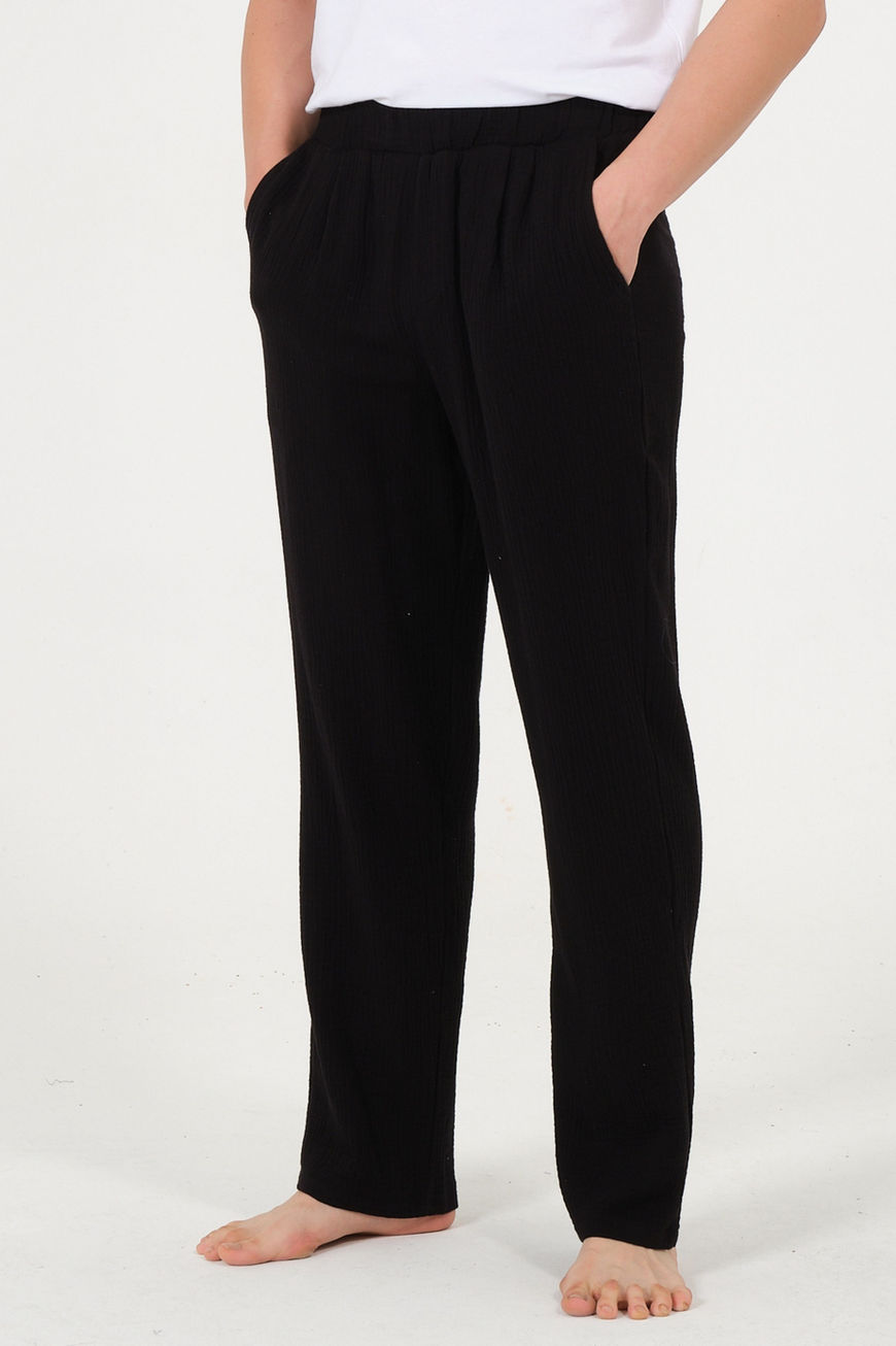 %100 Pamuk Müslin Baggy Siyah Eşofman Pantolon Ev Giyim