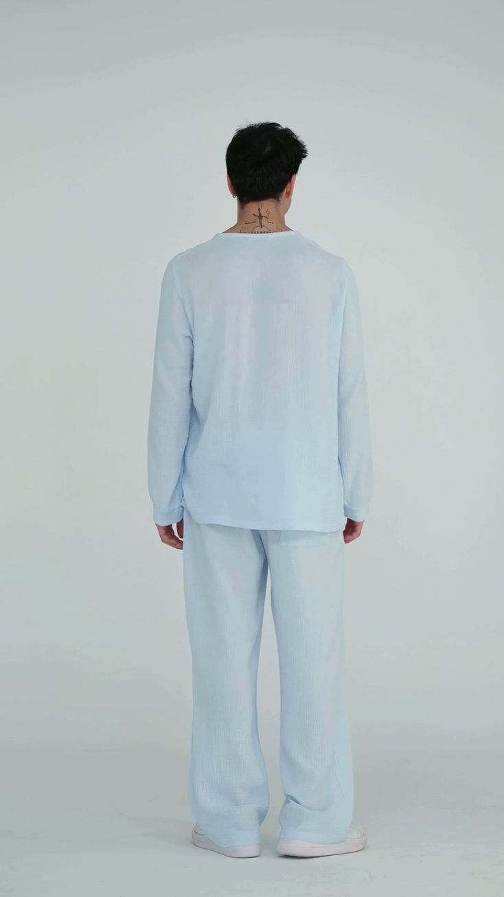 %100 Pamuk Salaş Müslin Pijama Takımı S-10XL Buz Mavi d34-b32