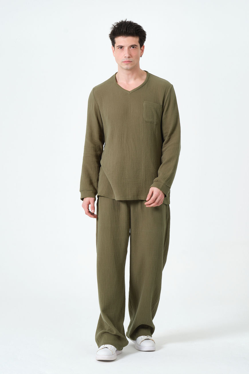 12XL’ a Kadar %100 Pamuk Uzun Kol Müslin Basic Haki Tişört a35